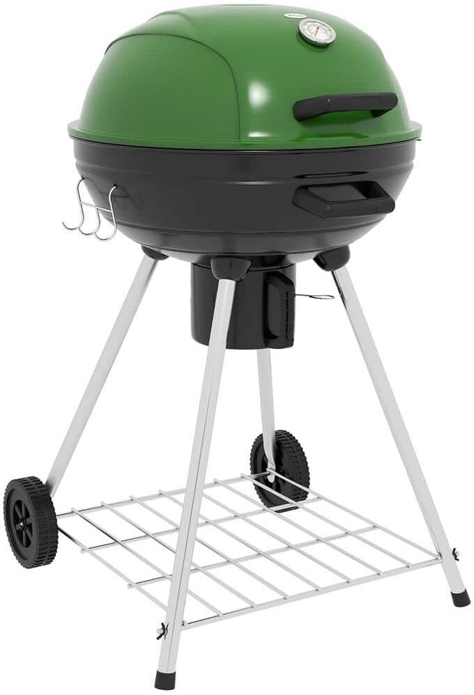 Outsunny Kettle Charcoal BBQ Grill Trolley Enameled Steel Charcoal Smoker in Green with Shelf, Wheels, Ash Catcher