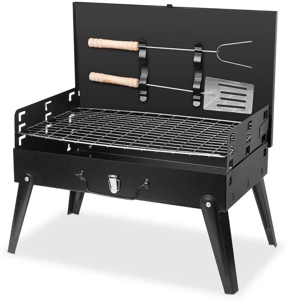 ITOPFOX Portable Charcoal Grill in Black with BBQ Net Fork Spatula