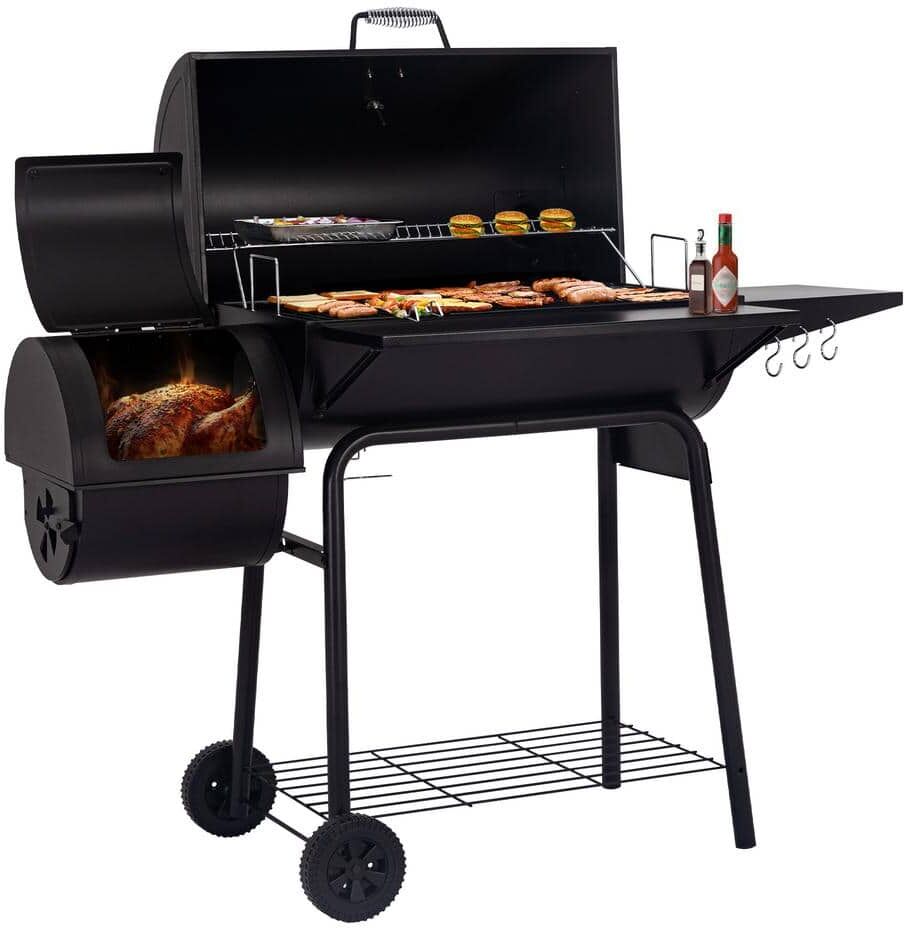 Royal Gourmet 30 in. Smoker Black Barrel Charcoal Grill with Offset Smoker with Cover For Outdoor, Backyard Cooking