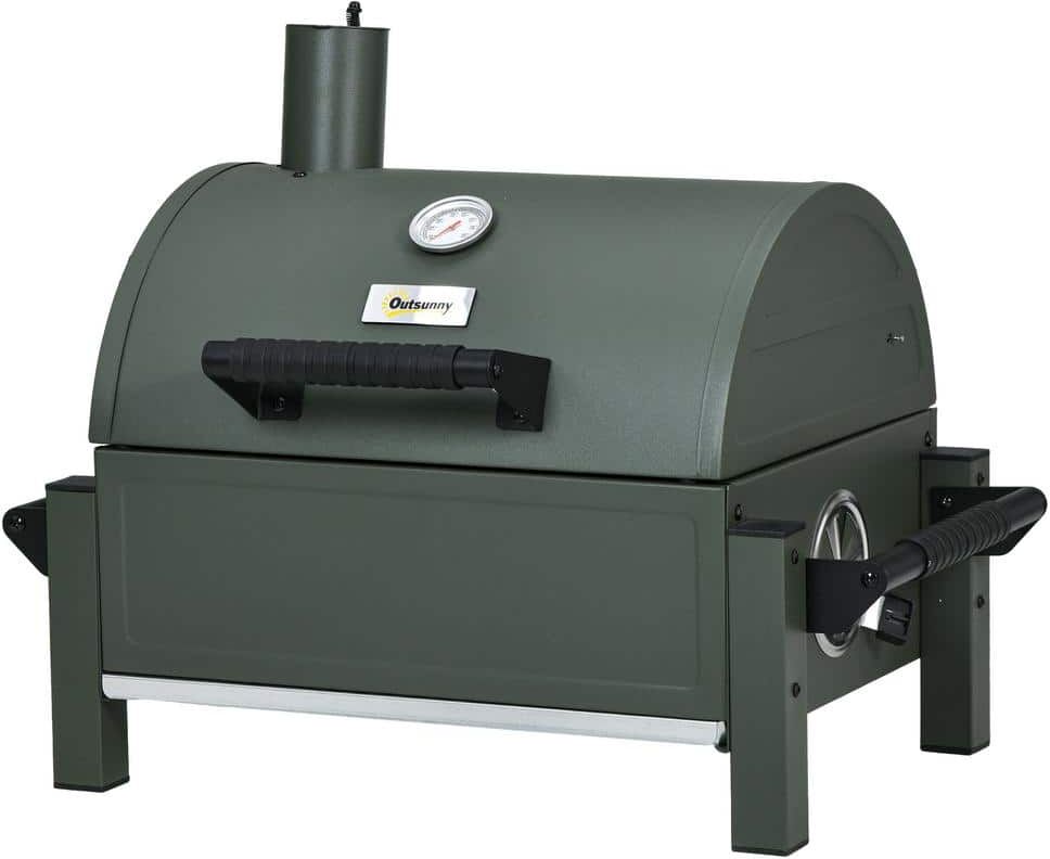 Out sunny Charcoal BBQ Grill Galvanized Steel Wood Smoker in Dark Green with Ash Catcher and Built-in Thermometer