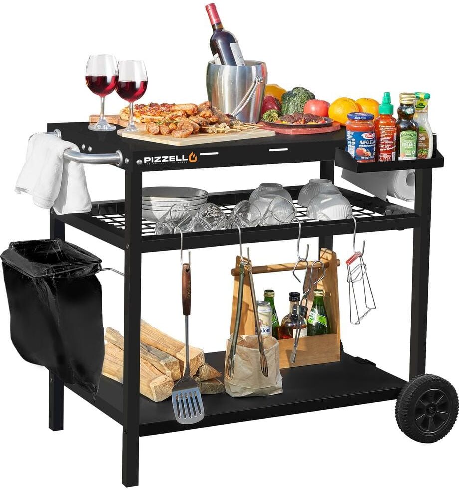 Black Outdoor 3-Shelf Grill Table Grill Cart Movable BBQ Trolley Food Prep Carts