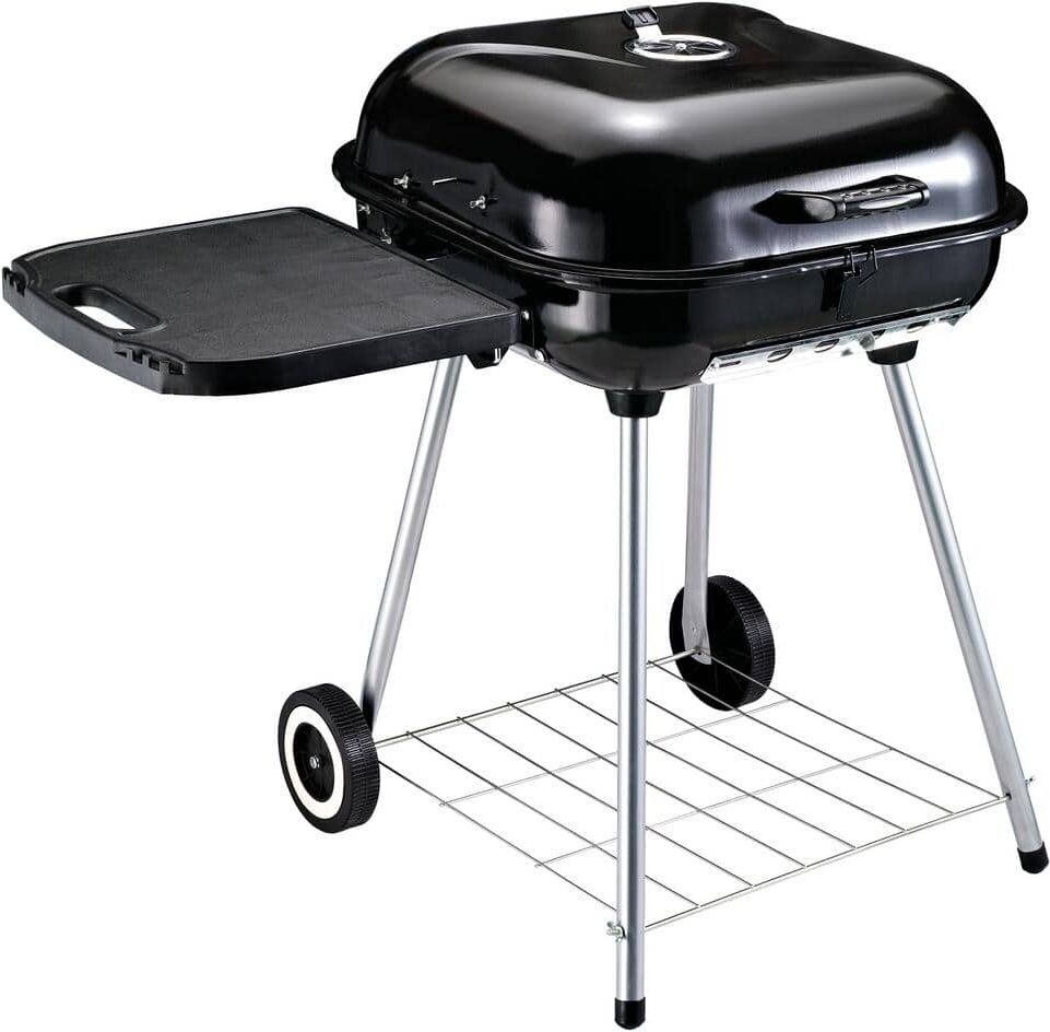 Outsunny 37.5 in. Steel Square Portable Outdoor Backyard Charcoal Barbecue Grill in Black with Lower Shelf and Tray Storage