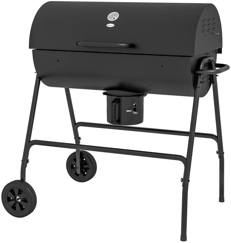 Outsunny Barrel Charcoal Steel BBQ Grill Trolley Charcoal Smoker in Black with Wheels, Ash Catcher