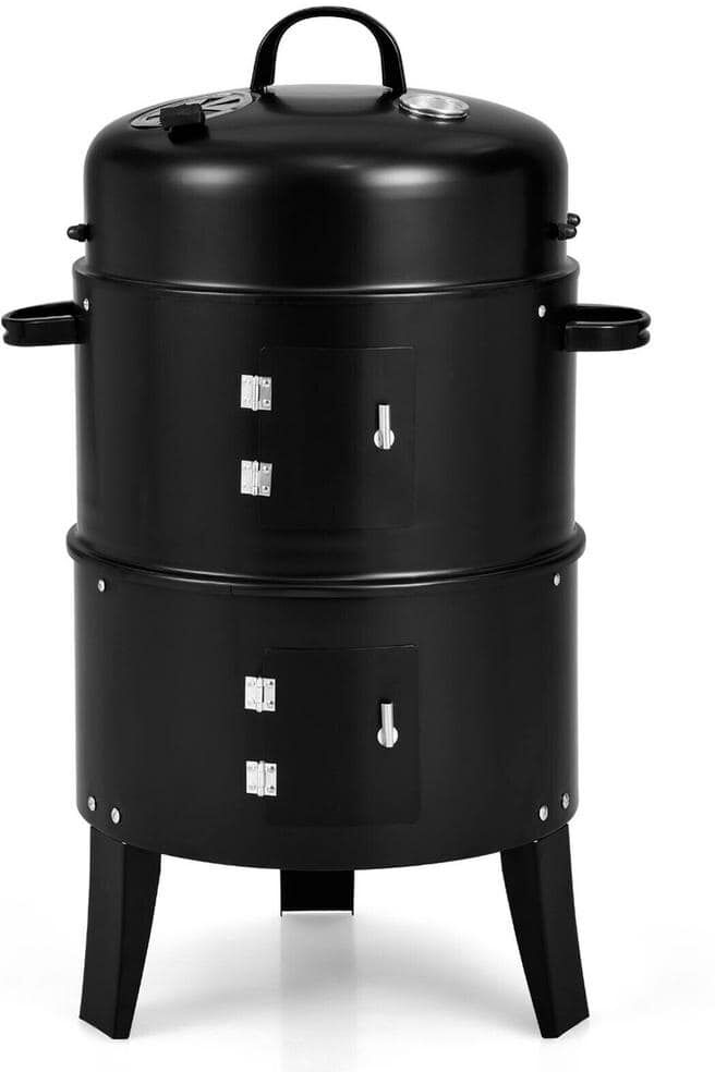 Gymax 3-In-1 Vertical Charcoal BBQ Smoker Grill Separable Black with Built-In Thermometer