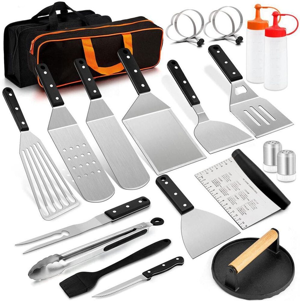 Dyiom Black and White 23-Piece Grill Bag Stainless Steel BBQ Griddle Accessories Set Included Cast Iron Press