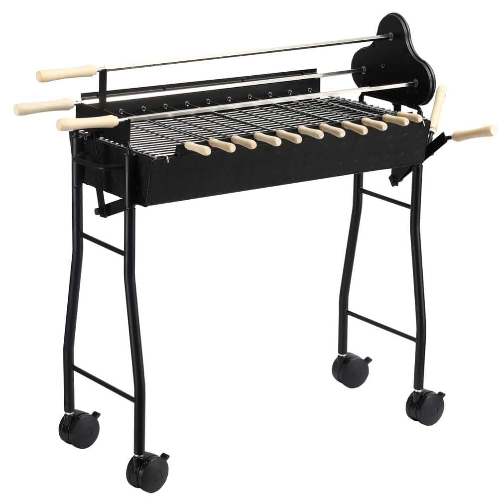 Black Outdoor Cooking Grill Cart, Portable Charcoal BBQ Grills Steel Rotisserie Height Adjustable with 4 Wheels