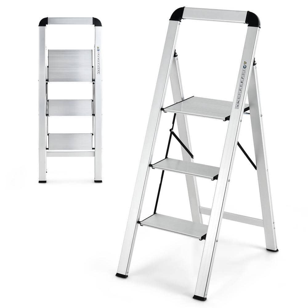 ANGELES HOME Reach Height 3 ft. Folding Aluminum 3-Step Ladder 300 lbs. Load Capacity Type IA Duty Rating w/Non-Slip Pedal, Footpads