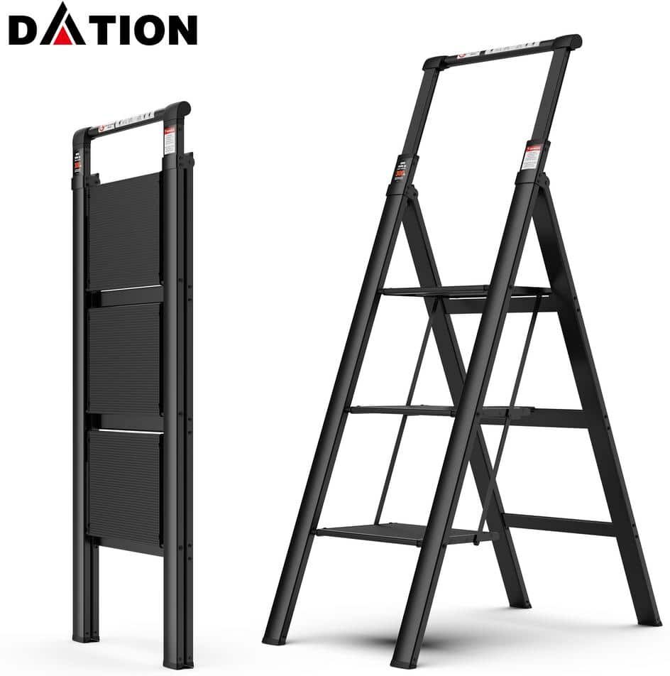 Tatayosi 3 Steps Aluminum Stool Ladders, Retractable Handgrip Folding Step Stool with Anti-Slip Wide Pedal, 300lbs