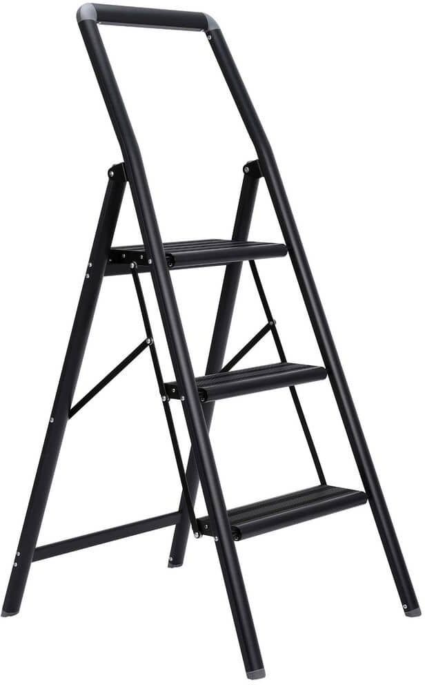 BirdRock Home 3.5 ft. 3-Step Black Slim Aluminum Step Ladder 9 ft. Reach