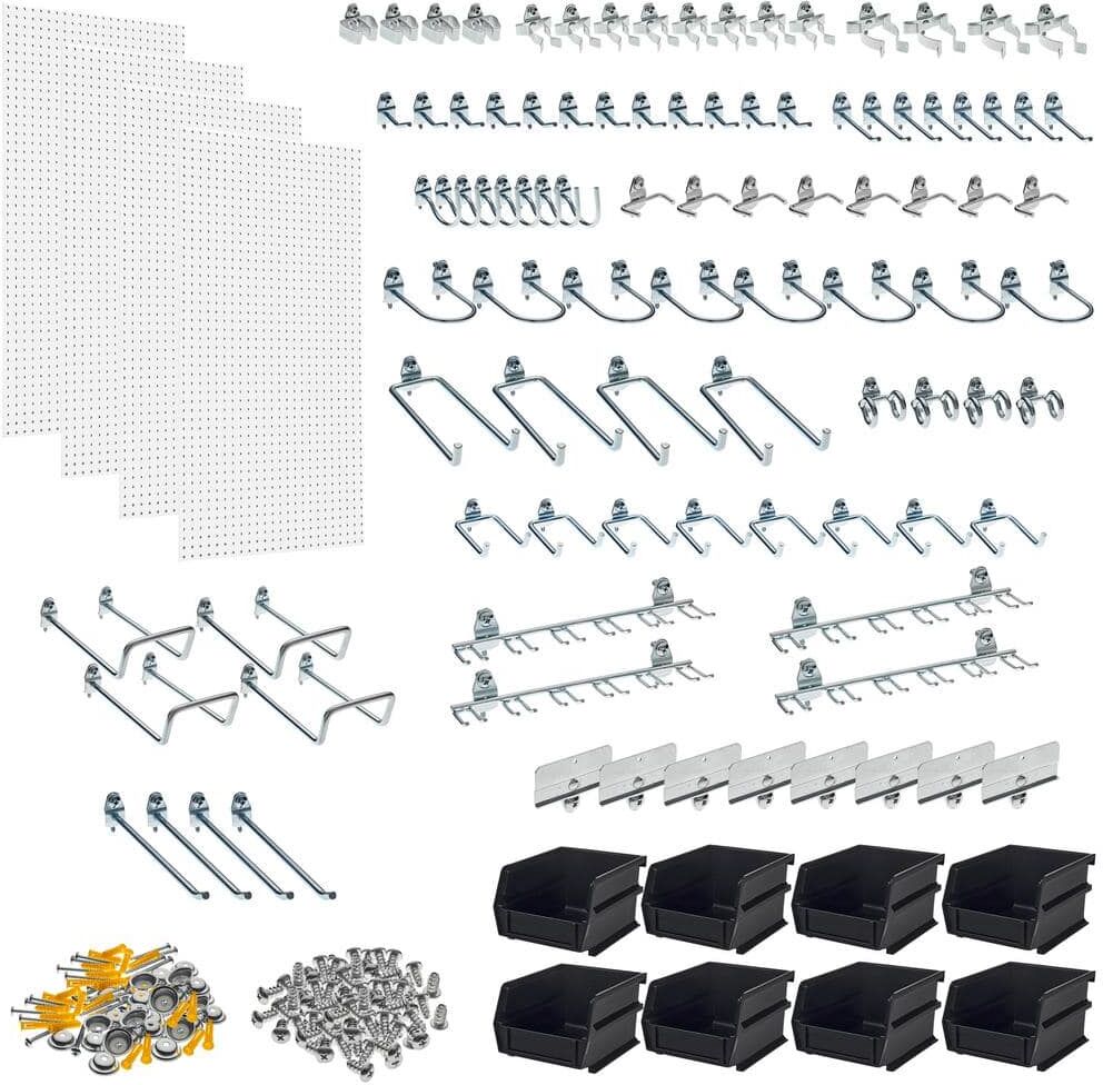 Triton Products DuraBoard and DuraHook Complete Polypropylene Commercial Grade Pegboard Storage System 4 boards/96 Hooks/8 Bins