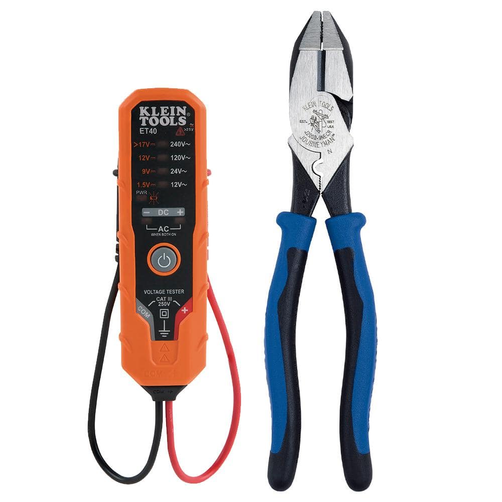 Klein Tools 9 in. Journeyman Heavy-Duty Side Cutting Crimping Pliers and Electronic AC/DC Voltage Tester Tool Set