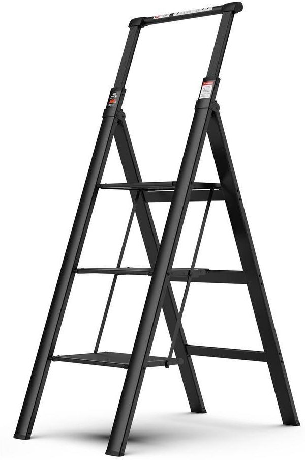 4 ft. 3-Step Aluminium Retractable Handgrip Folding Step Stool Ladder with Anti-Slip Wide Pedal