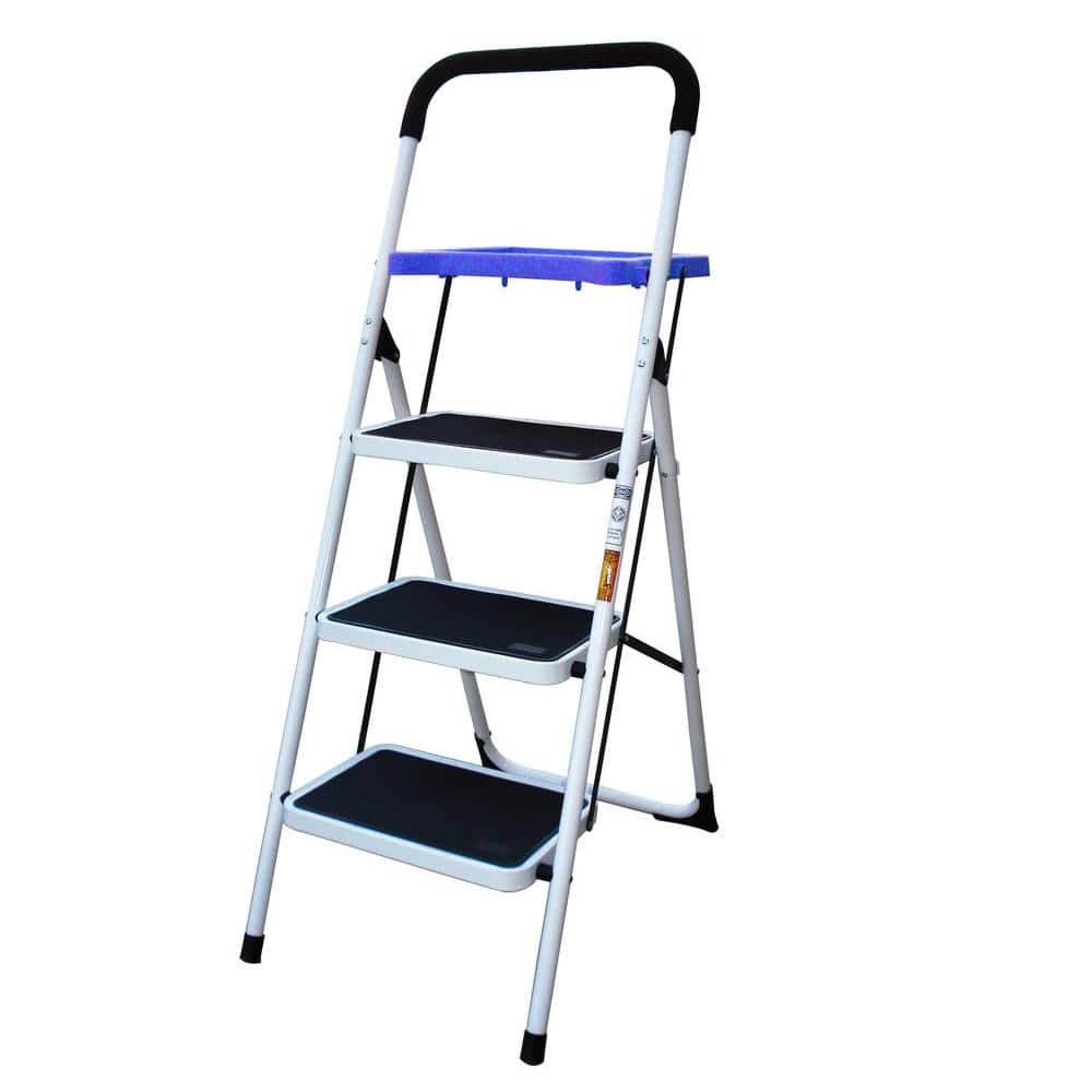 AmeriHome 3-Step Steel Metal Folding Step Stool Ladder with Paint Tray