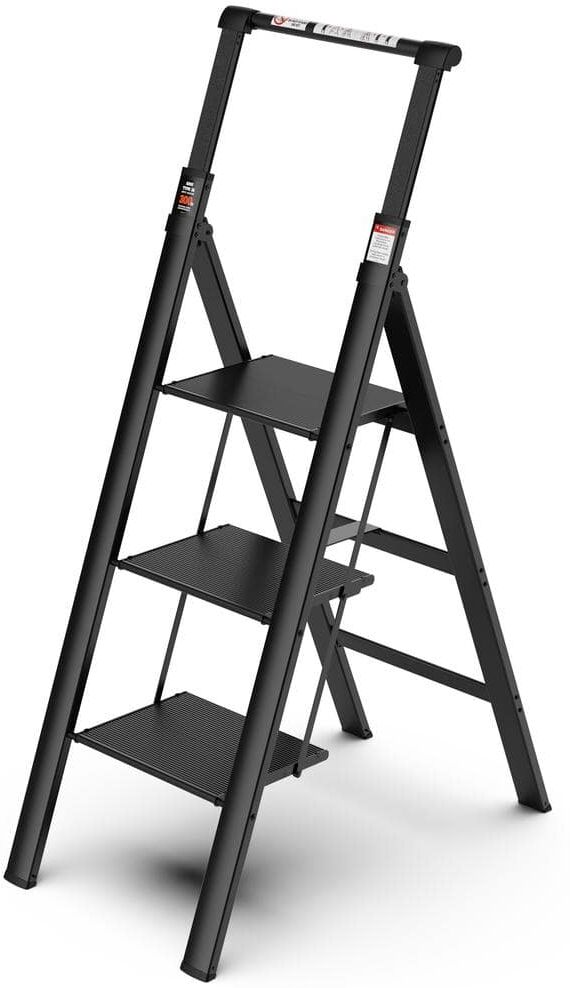 3-Step Retractable Handgrip Folding Aluminum Step Stool Ladder with Anti-Slip Wide Pedal, 300 lbs. Household Ladder