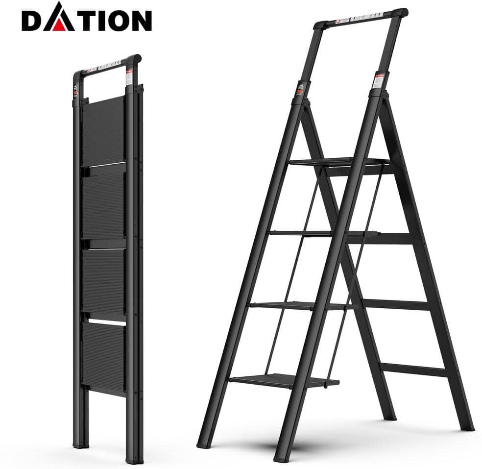 Tatayosi 4 Step Ladder Aluminum Step Ladders, Retractable Handgrip Folding Step Stool with Anti-Slip Wide Pedal, 300lbs