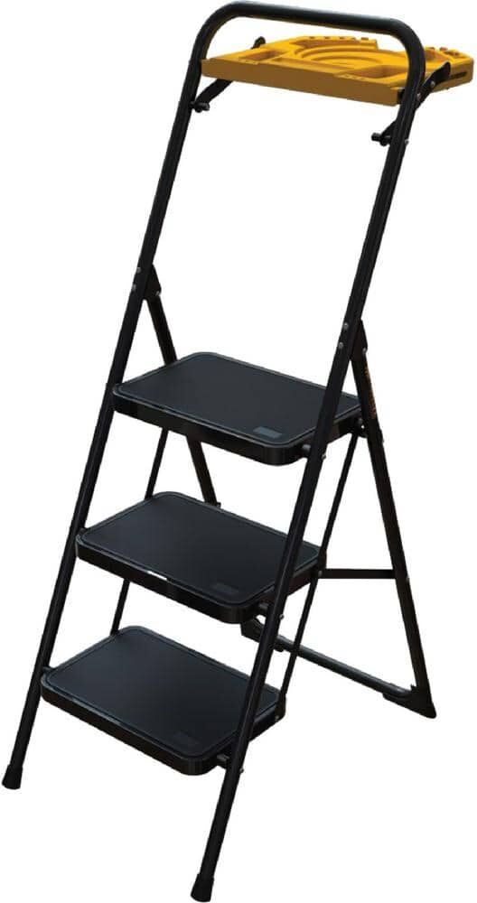 MetalTech 9 ft. Reach 3-Step Pro Steel Step Stool Type IA with Tool Tray, Compact Folding Step Stool for Home Improvement