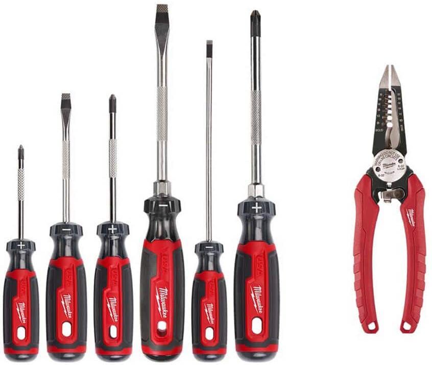 Milwaukee Screwdriver Set with Cushion Grip with 7.75 in. Combination Electricians 6-in-1 Wire Strippers Pliers (7-Piece)