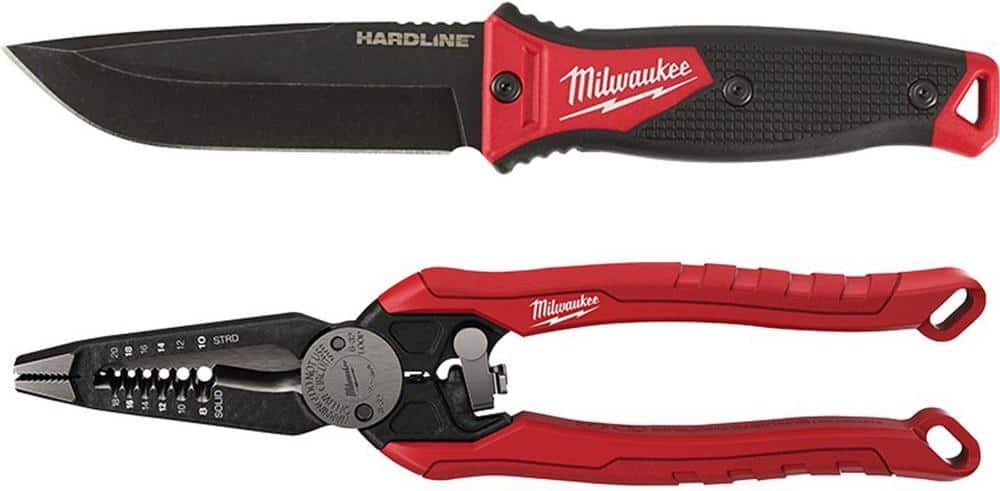 Milwaukee Hardline 5 in. AUS-8 Steel Fixed Blade Knife with 7-in-1 Combination Wire Strippers Pliers (2-Piece)