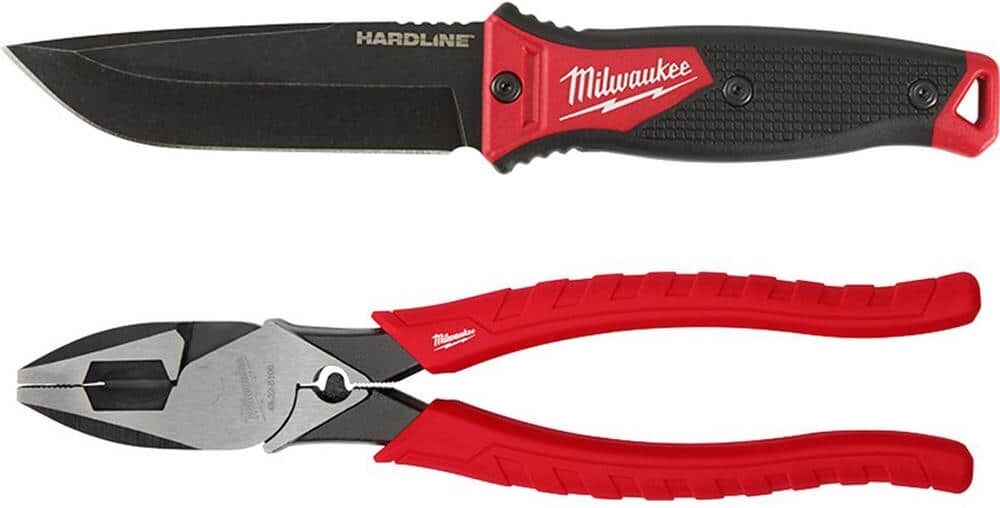 Milwaukee Hardline 5 in. AUS-8 Steel Drop Point Fixed Blade Knife with High Leverage Lineman's Pliers with Crimper (2-Piece)