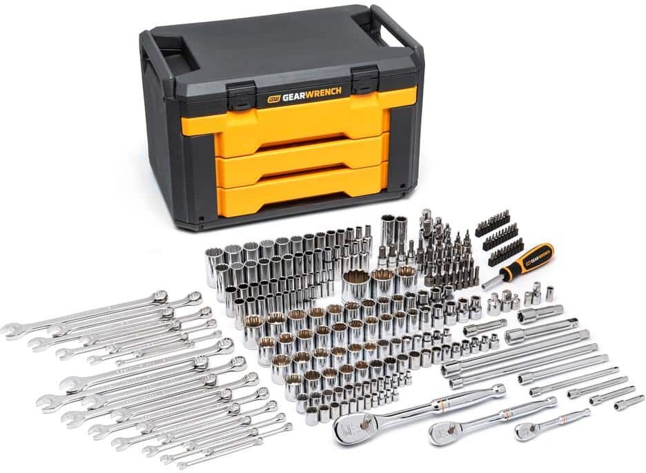 GEARWRENCH 1/4 in., 3/8 in. and 1/2 in. Drive 12-Point Standard and Deep SAE/Metric Mechanics Tool Set in 3 Drawer Box (243-Piece)