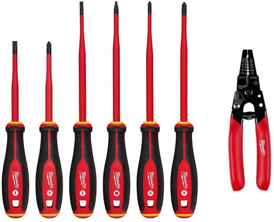 Milwaukee 1000-Volt Insulated Slim Tip Screwdriver Set with 10-24 AWG Compact Dipped Grip Wire Stripper and Cutter (7-Piece)