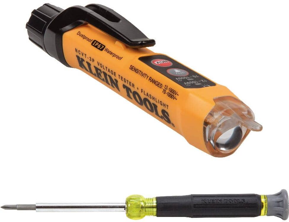 Klein Tools Dual Range Non-Contact Voltage Tester w/ Flashlight, 12 - 1000V AC and 4-in-1 Precision Electronics Screwdriver Tool Set