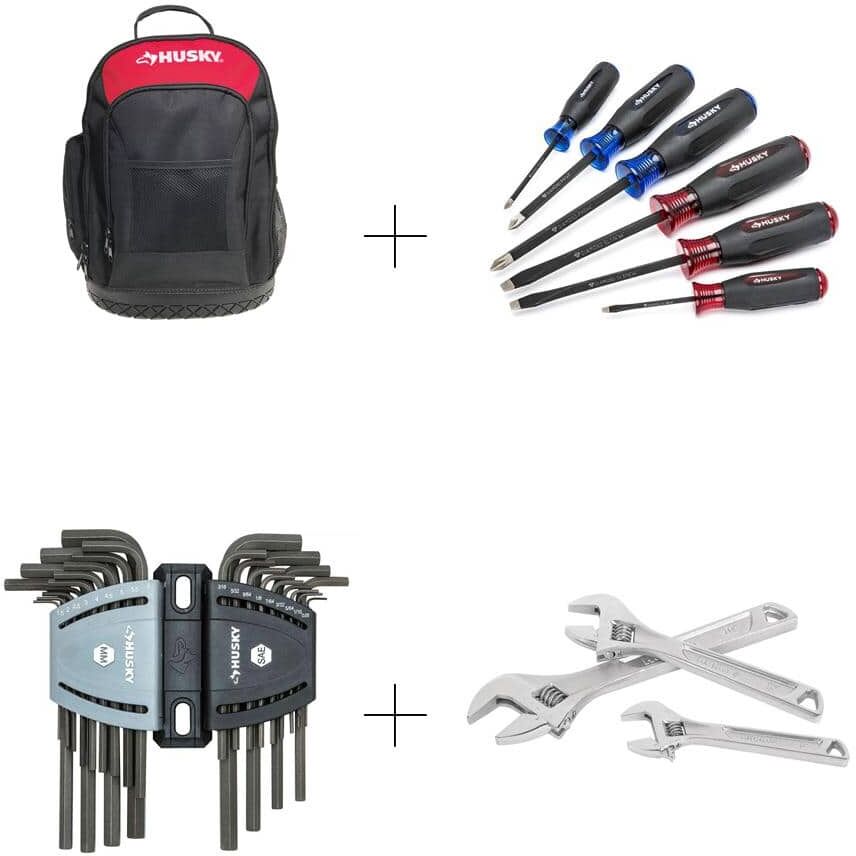 Husky 18 in Backpack Bundled with Diamond Tip Magnetic Screwdriver SAE/Metric Long Arm Hex Key Double-Speed Adjustable Wrench