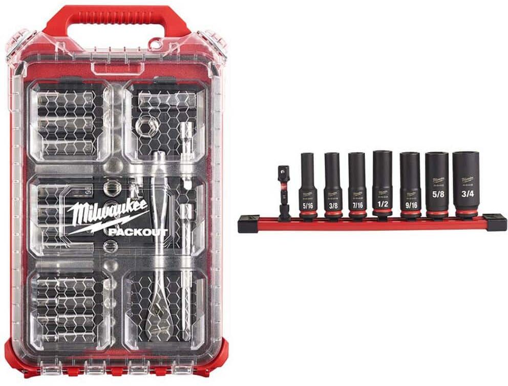 Milwaukee 3/8 in. Drive Metric Ratchet and Socket Mechanics Tool Set with PACKOUT Case & Impact Socket Set (40-Piece)