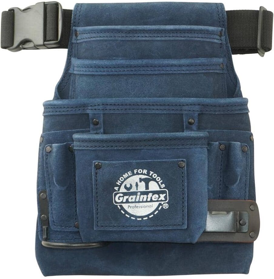 Graintex 10-Pocket Nail and Tool Pouch w/Belt in Navy Blue Suede Leather w/Hammer Holder and Measuring Tape Clip