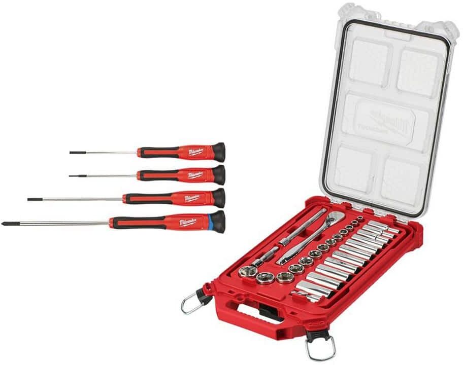 Milwaukee 4-Piece Precision Screwdriver Set & 3/8 in. Drive SAE Ratchet and Socket Mechanics Tool Set with PACKOUT Case (32-Piece)