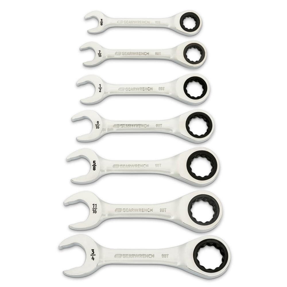 GEARWRENCH 90-Tooth 12 Point SAE Stubby Ratcheting Combination Wrench Set (7-Piece)