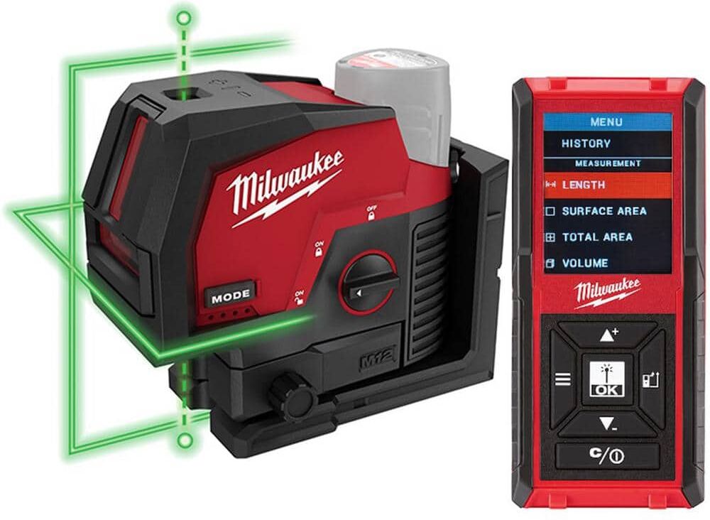 Milwaukee M12 12-Volt Lithium-Ion Cordless Green 125 ft. Cross Line & Plumb Points Laser Level (Tool-Only) w/ Laser Distance Meter