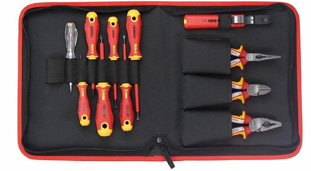 Felo Ergonic 11-Piece VDE Insulated Professional Tools Set - Pliers, Screwdrivers, Cable Stripper and Voltage Tester