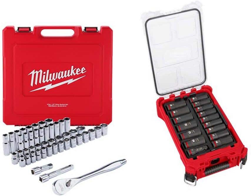 Milwaukee 1/2 in. Drive SAE/Metric Ratchet & Socket Tool Set & 1/2 in. Drive Metric Deep Well PACKOUT Impact Socket Set (63-Piece)