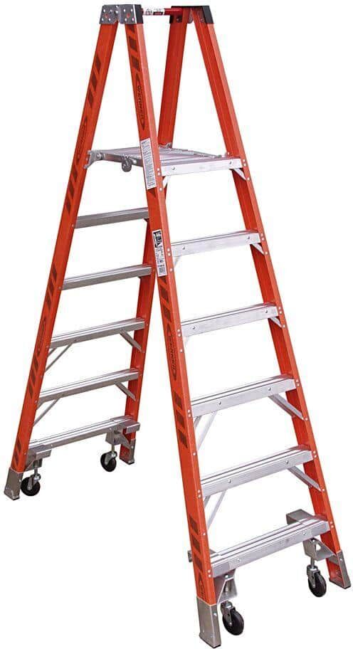 Werner 14 ft. Reach Fiberglass Platform Twin Step Ladder with Casters 300 lb. Load Capacity Type IA Duty Rating