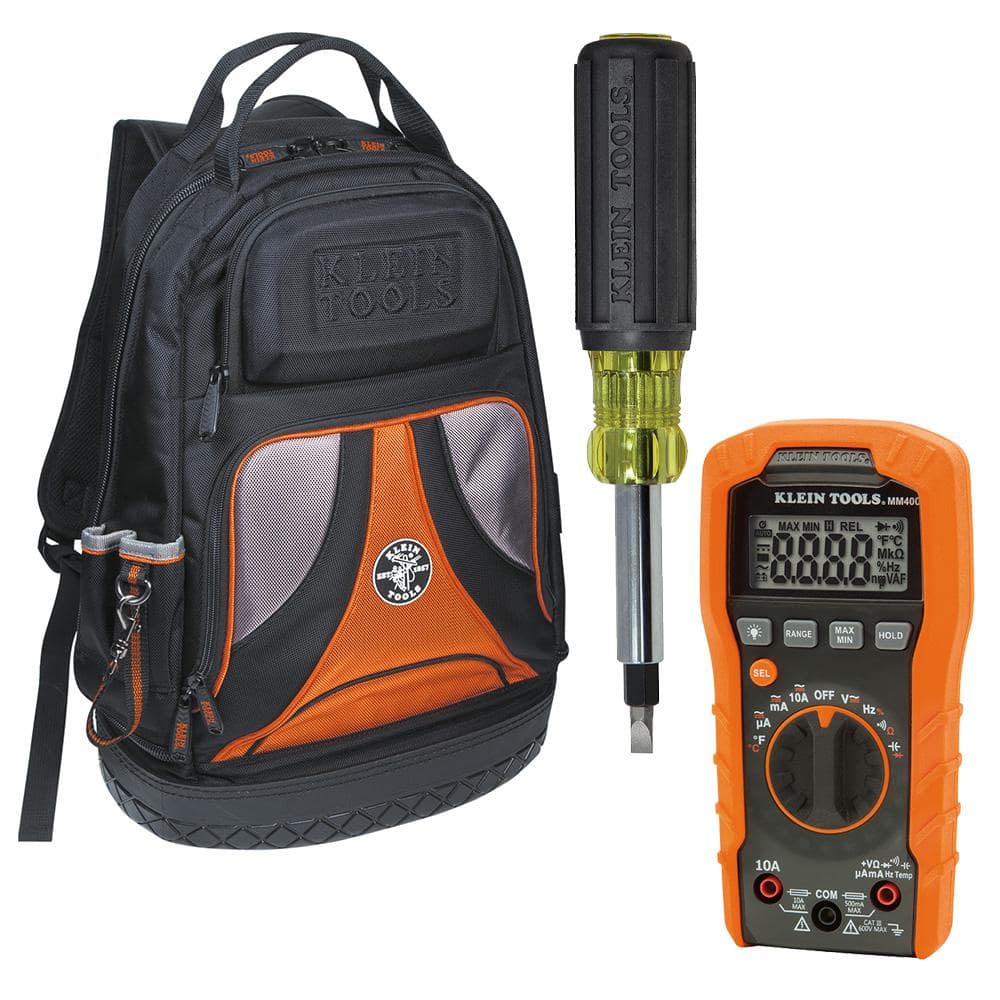 Klein Tools 3-Piece Backpack, Multi-bit Screwdriver and 600-Volt Auto-Ranging Digital Multimeter Tool Set