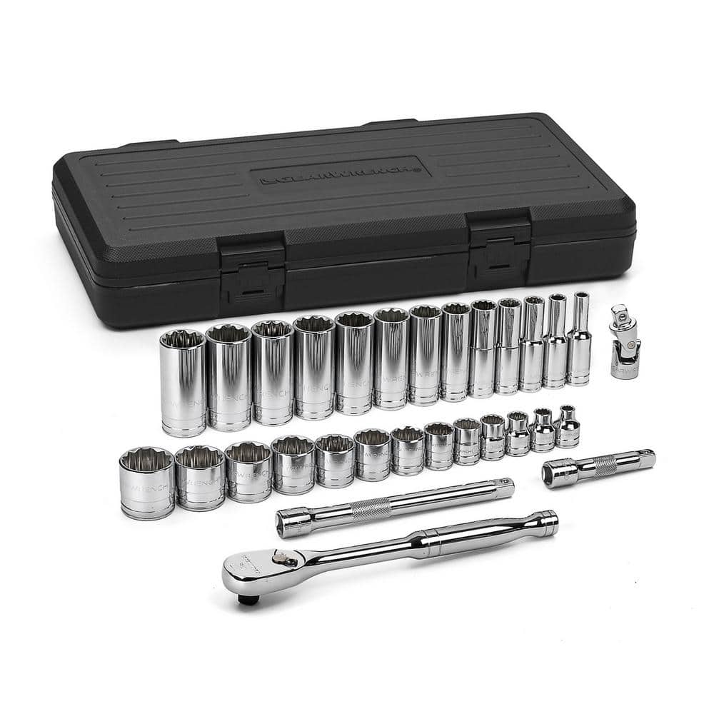 GEARWRENCH 3/8 in. Drive 12-Point Standard & Deep SAE 90-Tooth Ratchet and Socket Mechanics Tool Set (30-Piece)