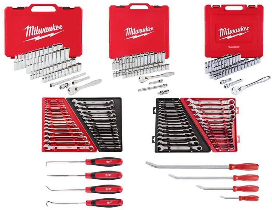 Milwaukee 1/4 in., 3/8 in., and 1/2 in. Drive SAE/Metric Ratchet and Socket Set w/Combination Wrench and Pry Bar Set (221-Piece)