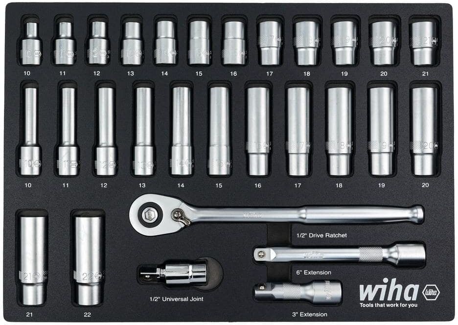 Wiha 1/2 in. Deep Socket Tray Set - Metric (29-Piece) Drive Professional Standard and