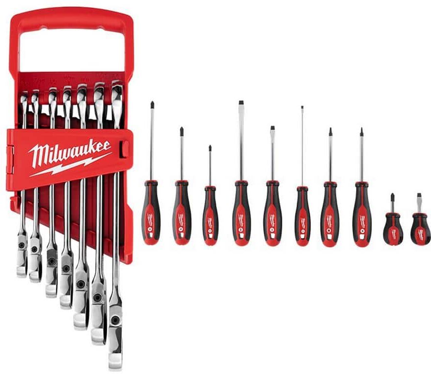 Milwaukee 144-Position Flex-Head Ratcheting Combination Wrench Set SAE with Screwdriver Set (17-Piece)