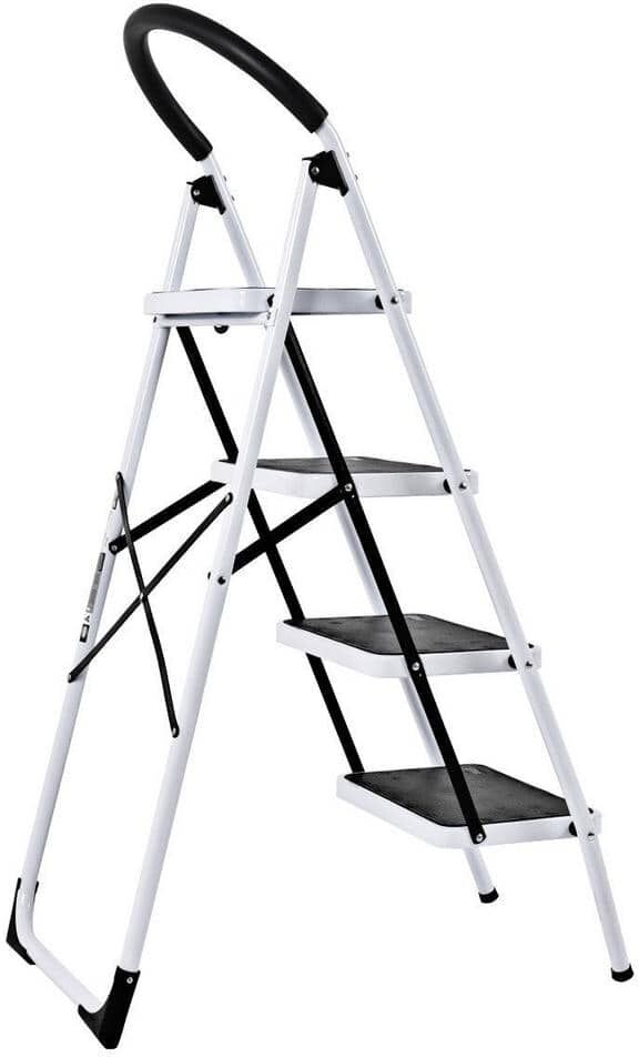 ANGELES HOME 4.58 ft. Anti-Slip Metal Foldable 4 Step Stool Ladder Stand, 10 ft. Reach Height, 330 lbs. Load Capacity