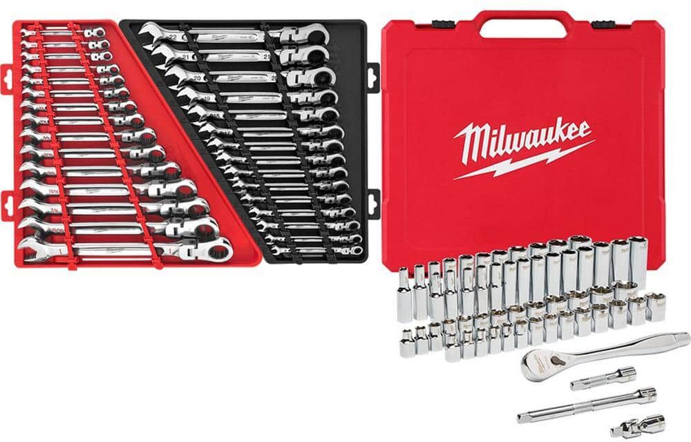 Milwaukee 3/8 in. Drive SAE/Metric Ratchet and Socket Mechanics Tool Set with SAE/Metric Flex-Head Combination Wrenches (86-Piece)