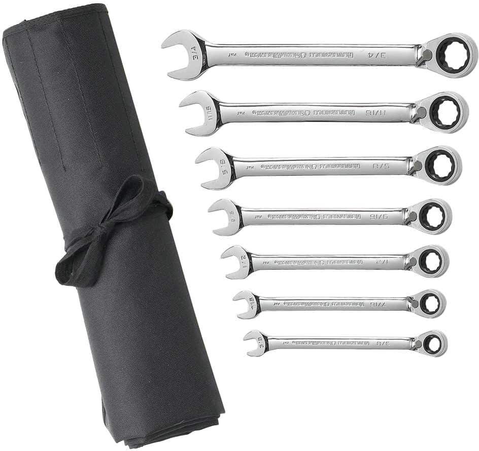 GEARWRENCH SAE 72-Tooth Reversible Combination Ratcheting Wrench Tool Set with Roll (7-Piece)