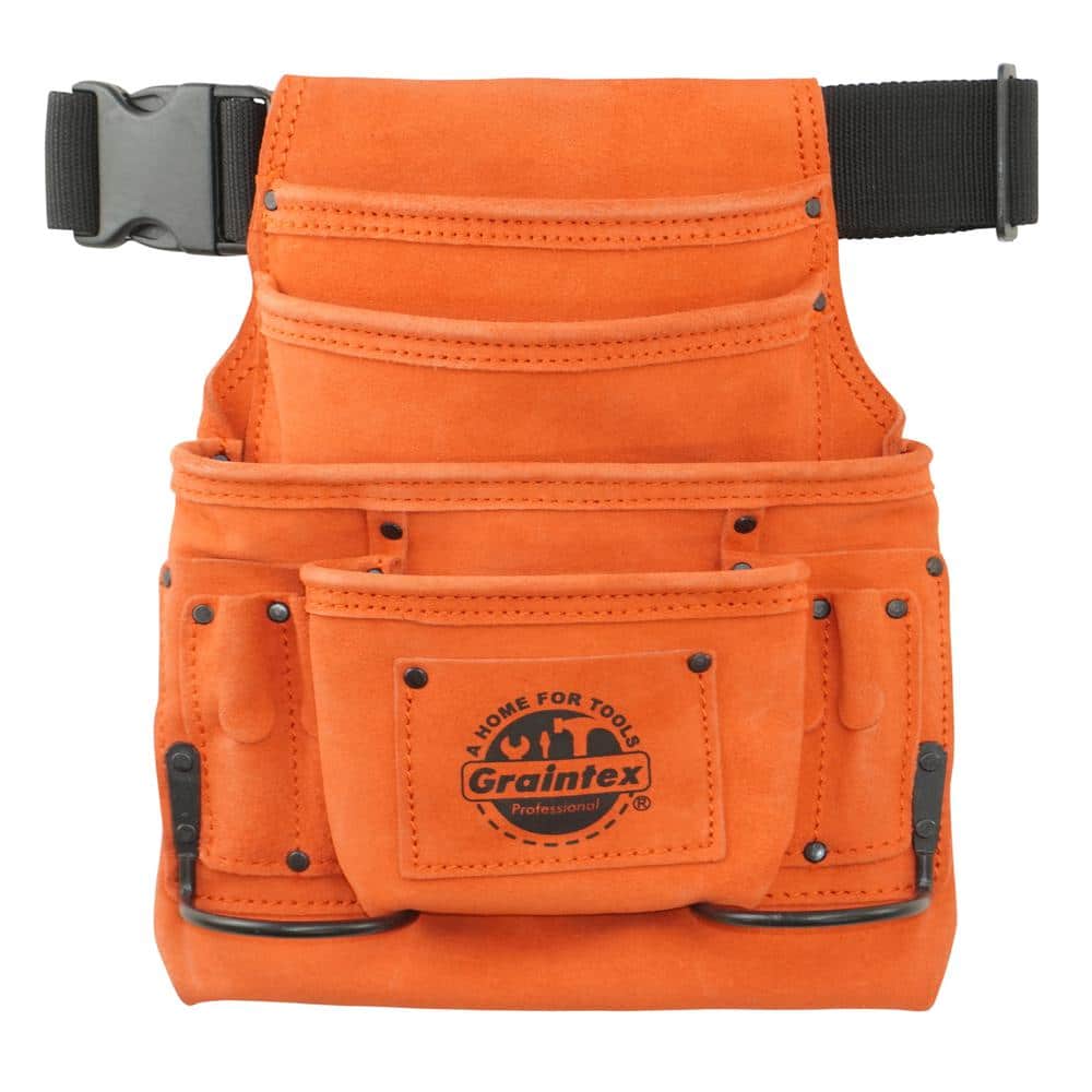 Graintex 10-Pocket Nail and Tool Pouch with Belt Orange Suede Leather w/2 Hammer Holders