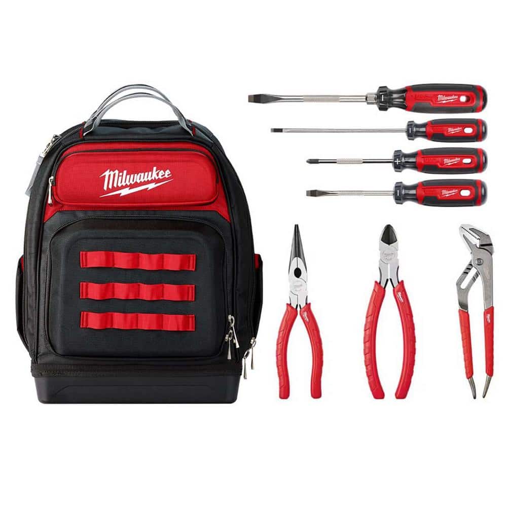 Milwaukee Screwdriver Set with Cushion Grip with 15 in. Ultimate Jobsite Backpack and Pliers Kit (8-Piece)