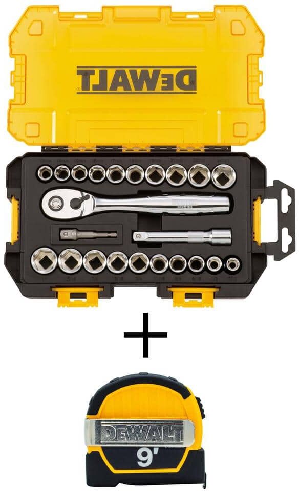 DeWalt 1/2 in. Drive Combination Socket Set with Case (23-Piece) and 9 ft. x 1/2 in. Pocket Tape Measure with Magnetic Back