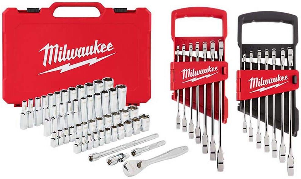 Milwaukee 1/4 in. Drive SAE/Metric Ratchet/Socket/ Combination Ratcheting Wrench Mechanics Tool Set (64-Piece)