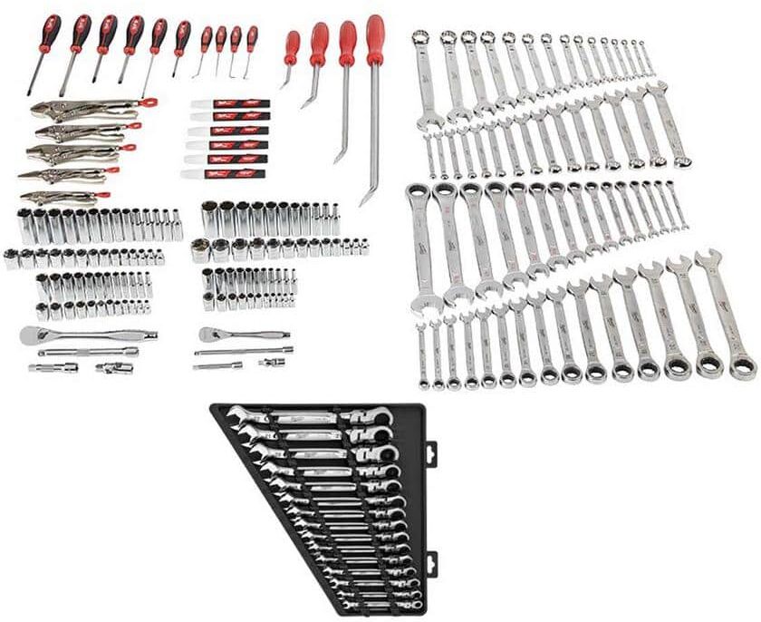 Milwaukee Mechanics Tool Set with 144-Position Flex-Head Ratcheting Combination Wrench Set Metric (206-Piece)