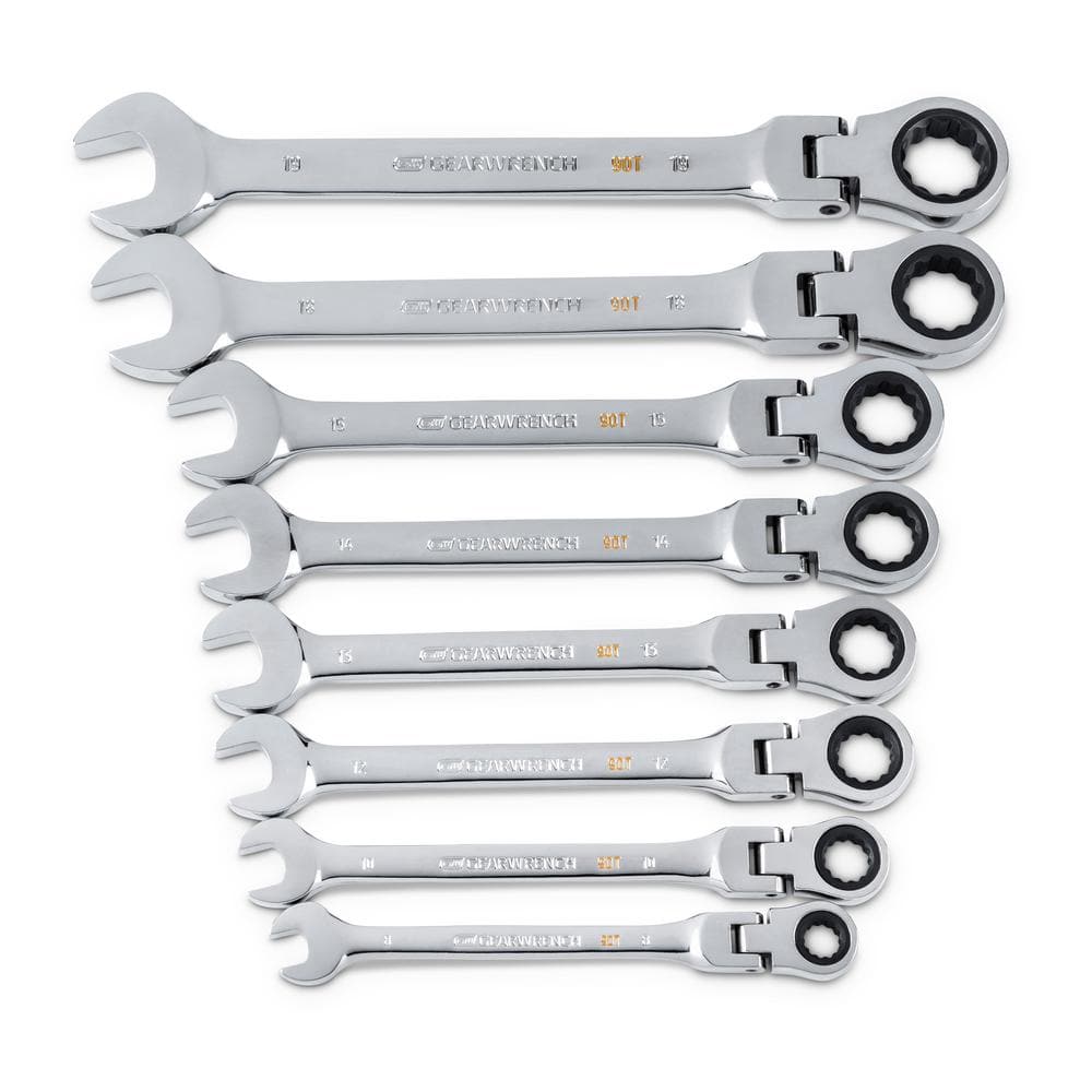 GEARWRENCH Metric 90-Tooth Flex Head Combination Ratcheting Wrench Tool Set with Tray (8-Piece)