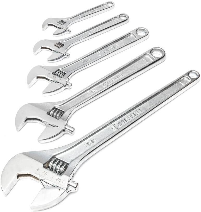 Crescent 6 in., 8 in., 10 in., 12 in., and 15 in. Chrome Adjustable Wrench Set (5-Piece)